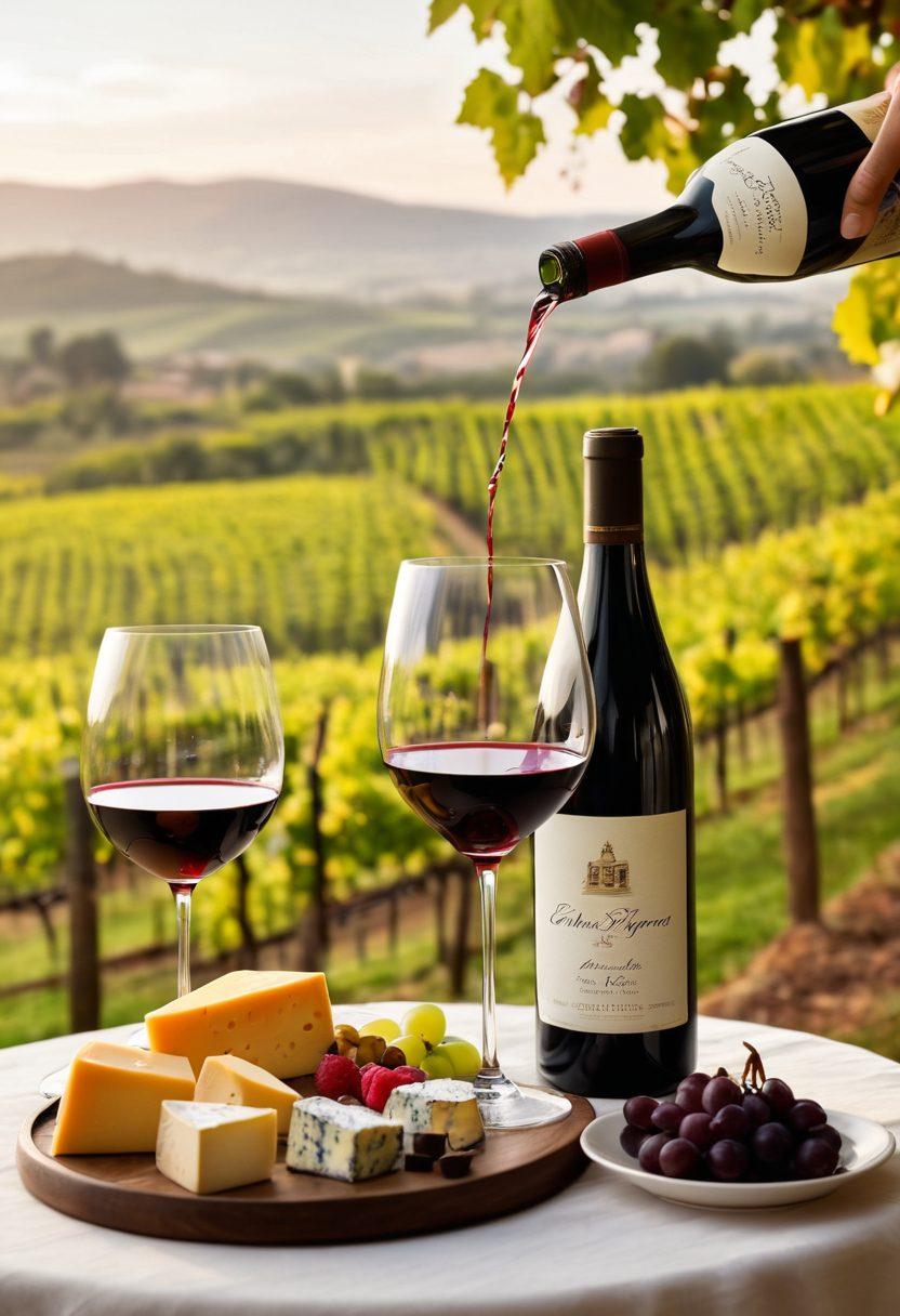 An elegant dining table set with an array of gourmet foods like cheese, fruits, and dark chocolate, beautifully paired with various wine glasses showcasing different types of wine. A sommelier elegantly pouring wine while holding a wine bottle with a classy label, surrounded by vineyard scenery in the background, with soft lighting creating a warm and inviting atmosphere. super-realistic. vibrant colors. soft focus.