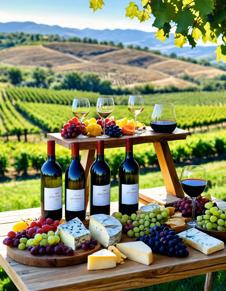 A beautifully arranged wine tasting scene with a rustic wooden table displaying various wine bottles, glasses filled with red and white wine, and a selection of gourmet cheeses and fruits. In the background, a lush vineyard under a clear blue sky, with rolling hills and grapevines creating an inviting atmosphere. Soft, warm lighting enhances the elegance of the setting, inviting viewers to immerse in the joy of wine. natural, earthy colors. super-realistic.