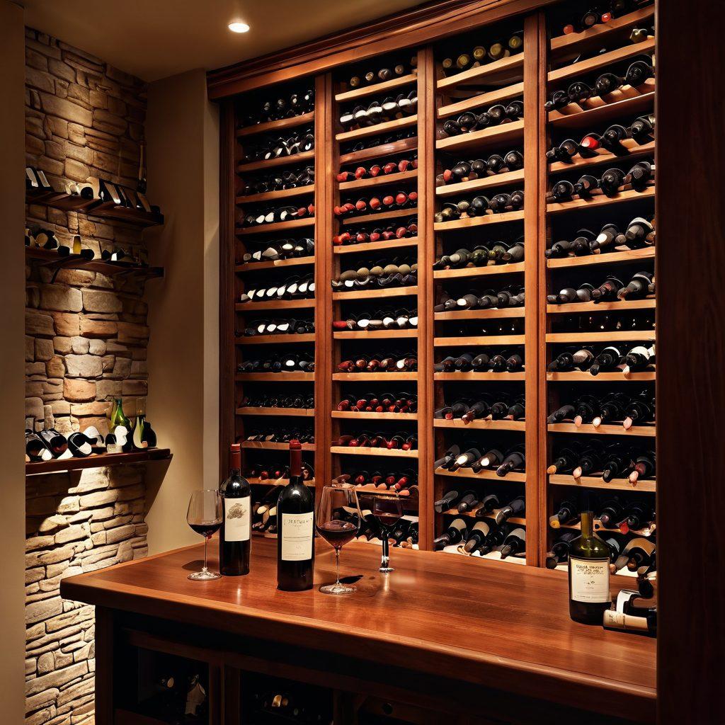 A sophisticated wine cellar scene featuring a wooden wine rack filled with diverse bottles of fine wines, soft warm lighting illuminating the space, an elegant glass of red wine in the foreground, a corkscrew and tasting notes in the background, hints of vineyard landscapes through a window. super-realistic. warm colors. elegant atmosphere.